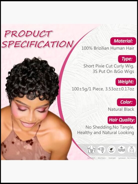 Short Curly Pixie Cut Wig Human Hair Glueless Layered With Bangs Daily Wear